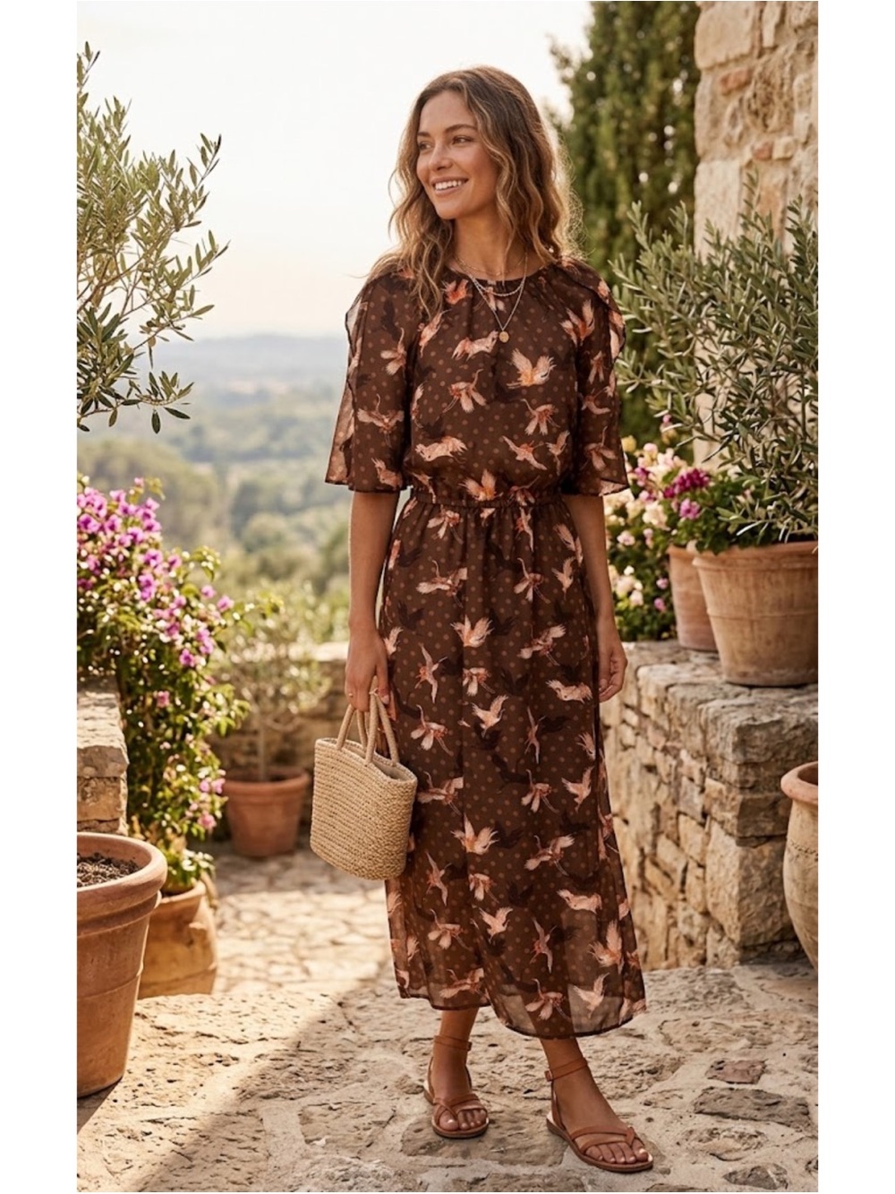 Happy X Nature by Kate Hudson Brown Crane Bird Polka Dot Hippie Midi Dress Sz S